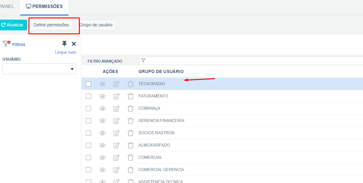 Grid de grupos de usuário com botão Definir permissões